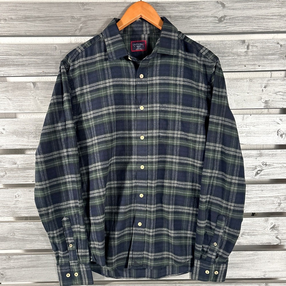 UNTUCKit Mens Medium Slim Fit Flannel Shirt Navy Green Plaid Cotton Long Sleeve